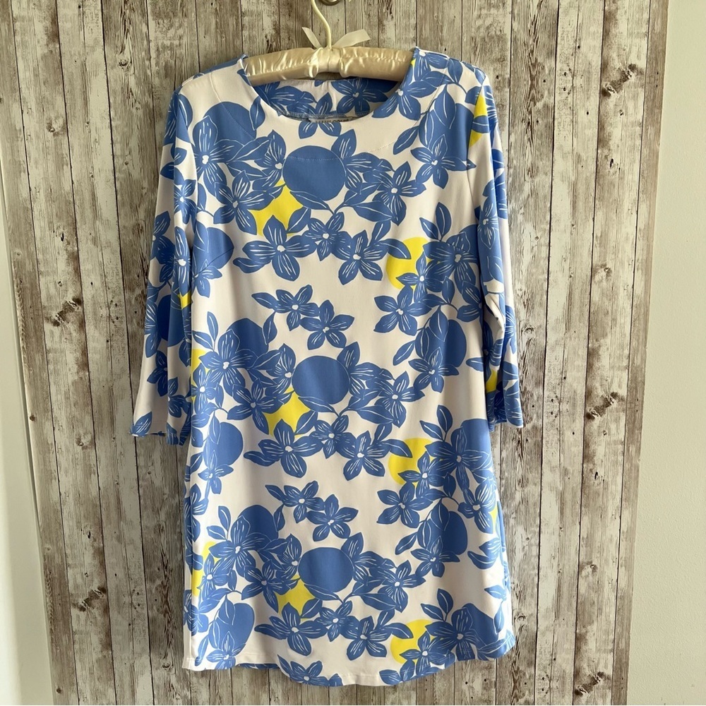 MAHI GOLD Bimini Blue and Yellow Floral 3/4 Sleeve Dress Stretch Preppy Chatham